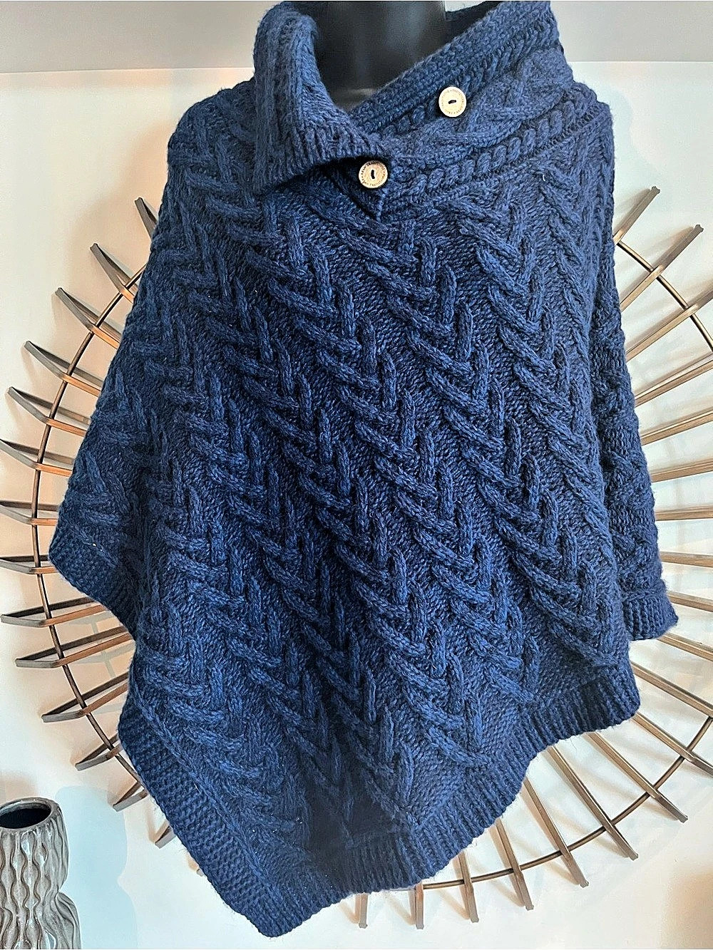 Aran Traditions Aran Cable Button Shawl Neck Poncho Blue